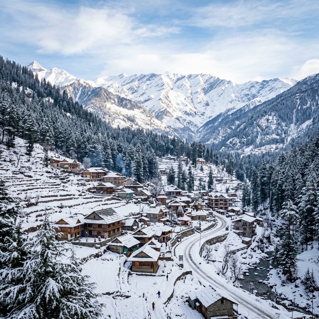 Snowy mountain peaks and pine trees, Shimla-Manali